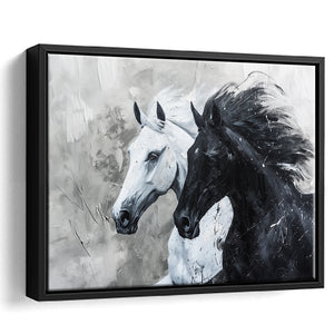 Couple Horse Running Together Black And White, Framed Canvas Painting, Framed Canvas Prints Wall Art Decor