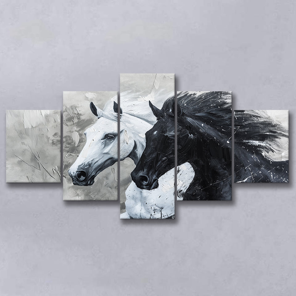 Couple Horse Running Together Black And White, 5 Panels Mixed Large Canvas, Canvas Prints Wall Art Decor