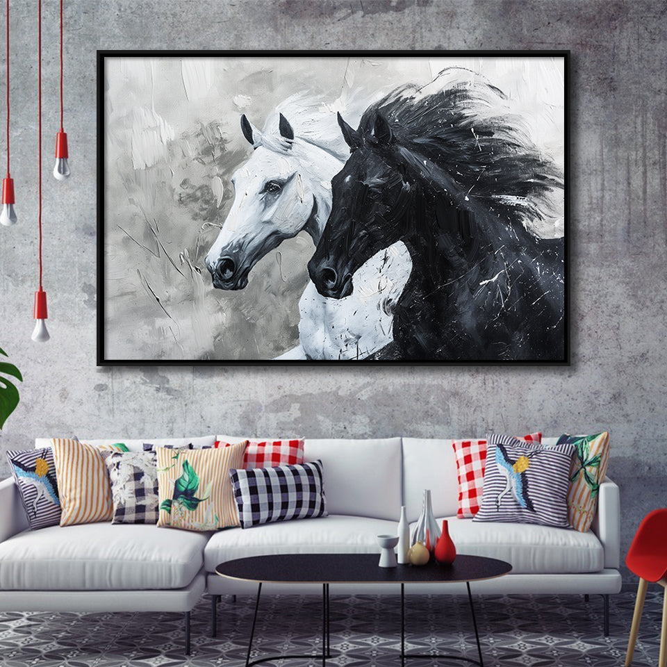 Couple Horse Running Together Black And White, Framed Canvas Painting, Framed Canvas Prints Wall Art Decor