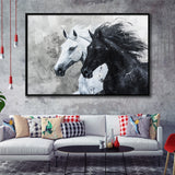 Couple Horse Running Together Black And White, Framed Canvas Painting, Framed Canvas Prints Wall Art Decor