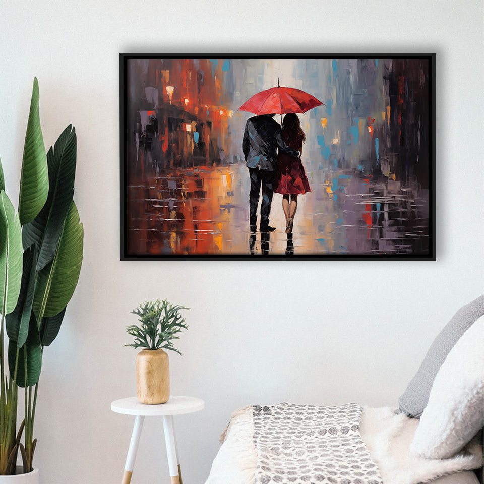 Couple In Love Under Reb Umbrella In New York City, Framed Canvas Painting, Framed Canvas Prints Wall Art Decor