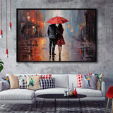 Couple In Love Under Reb Umbrella In New York City, Framed Canvas Painting, Framed Canvas Prints Wall Art Decor