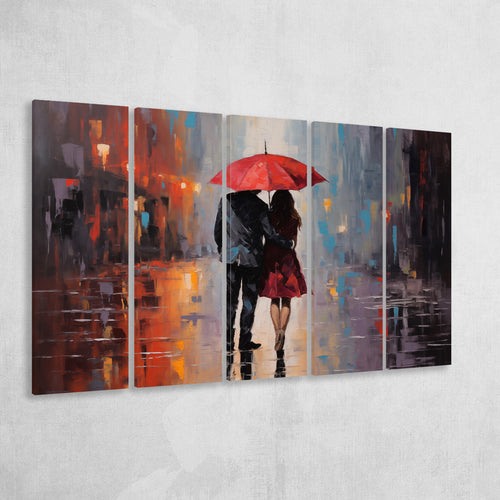Couple In Love Under Reb Umbrella In New York City, 5 Panels Extra Large Canvas, Canvas Prints Wall Art Decor