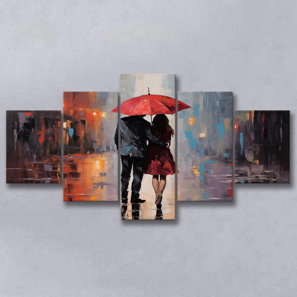 Couple In Love Under Reb Umbrella In New York City, 5 Panels Mixed Large Canvas, Canvas Prints Wall Art Decor