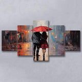 Couple In Love Under Reb Umbrella In New York City, 5 Panels Mixed Large Canvas, Canvas Prints Wall Art Decor