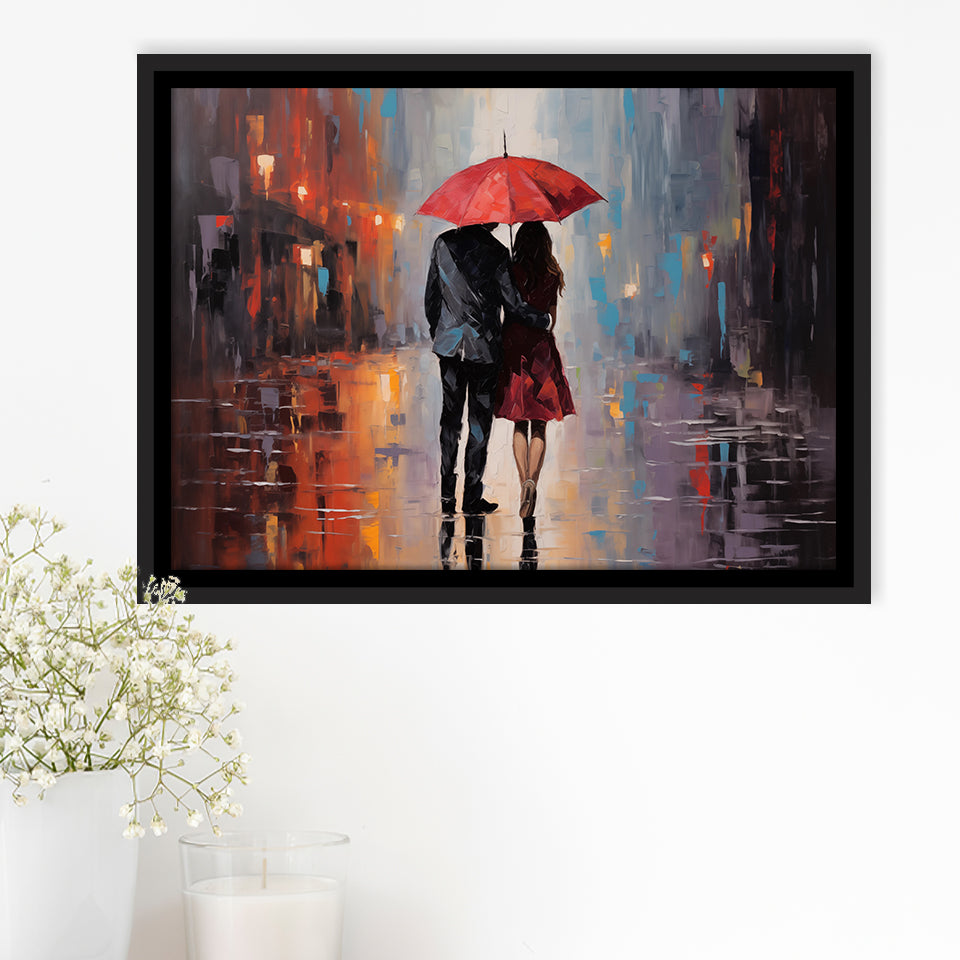 Couple In Love Under Reb Umbrella In New York City, Framed Canvas Painting, Framed Canvas Prints Wall Art Decor