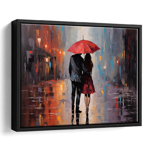 Couple In Love Under Reb Umbrella In New York City, Framed Canvas Painting, Framed Canvas Prints Wall Art Decor