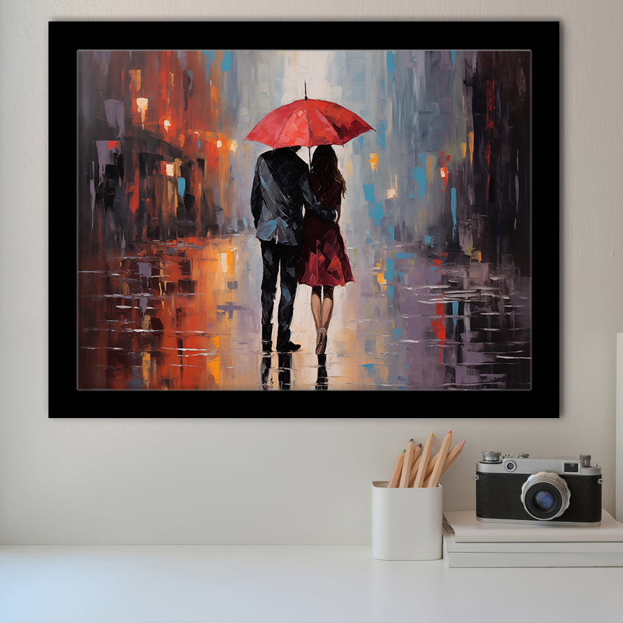 Couple In Love Under Reb Umbrella In New York City, Framed Art Print Wall Decor, Framed Picture