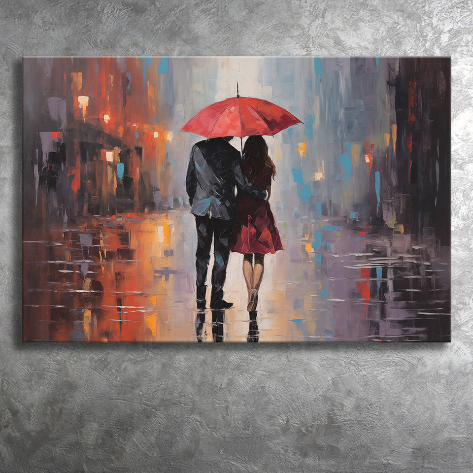 Couple In Love Under Reb Umbrella In New York City, Canvas Painting, Canvas Prints Wall Art Decor