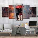 Couple In Love Under Reb Umbrella In New York City, 5 Panels Mixed Large Canvas, Canvas Prints Wall Art Decor