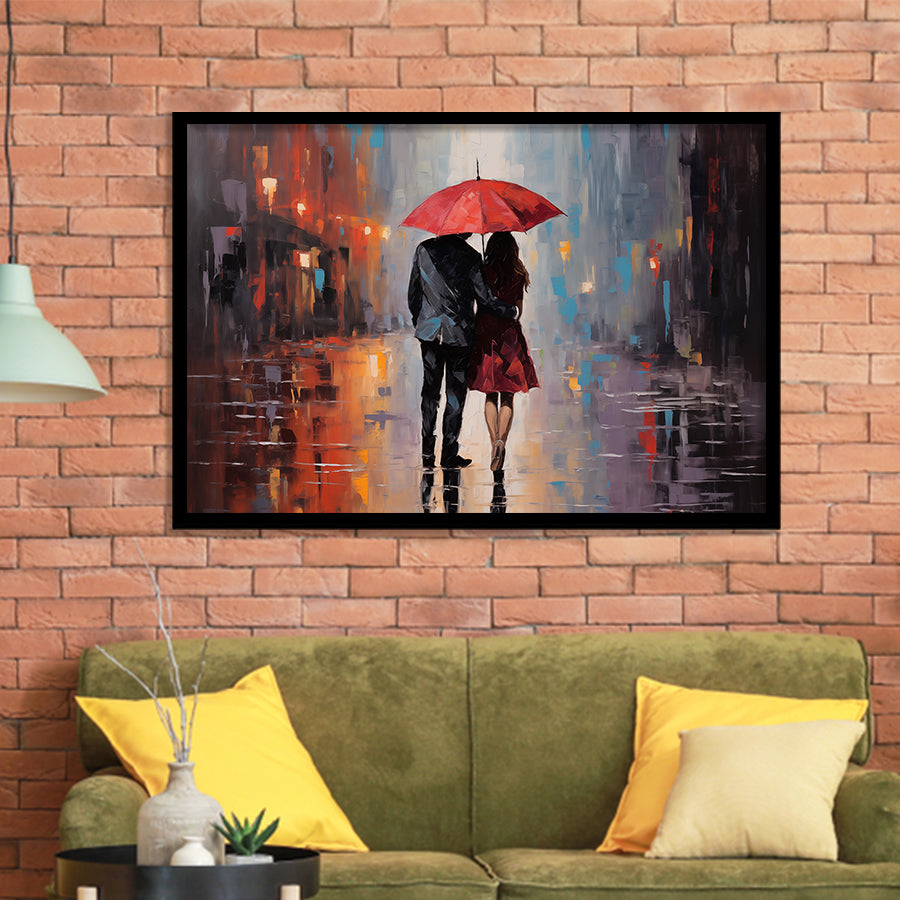 Couple In Love Under Reb Umbrella In New York City, Framed Art Print Wall Decor, Framed Picture