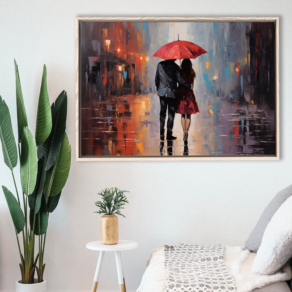 Couple In Love Under Reb Umbrella In New York City, Framed Canvas Painting, Framed Canvas Prints Wall Art Decor