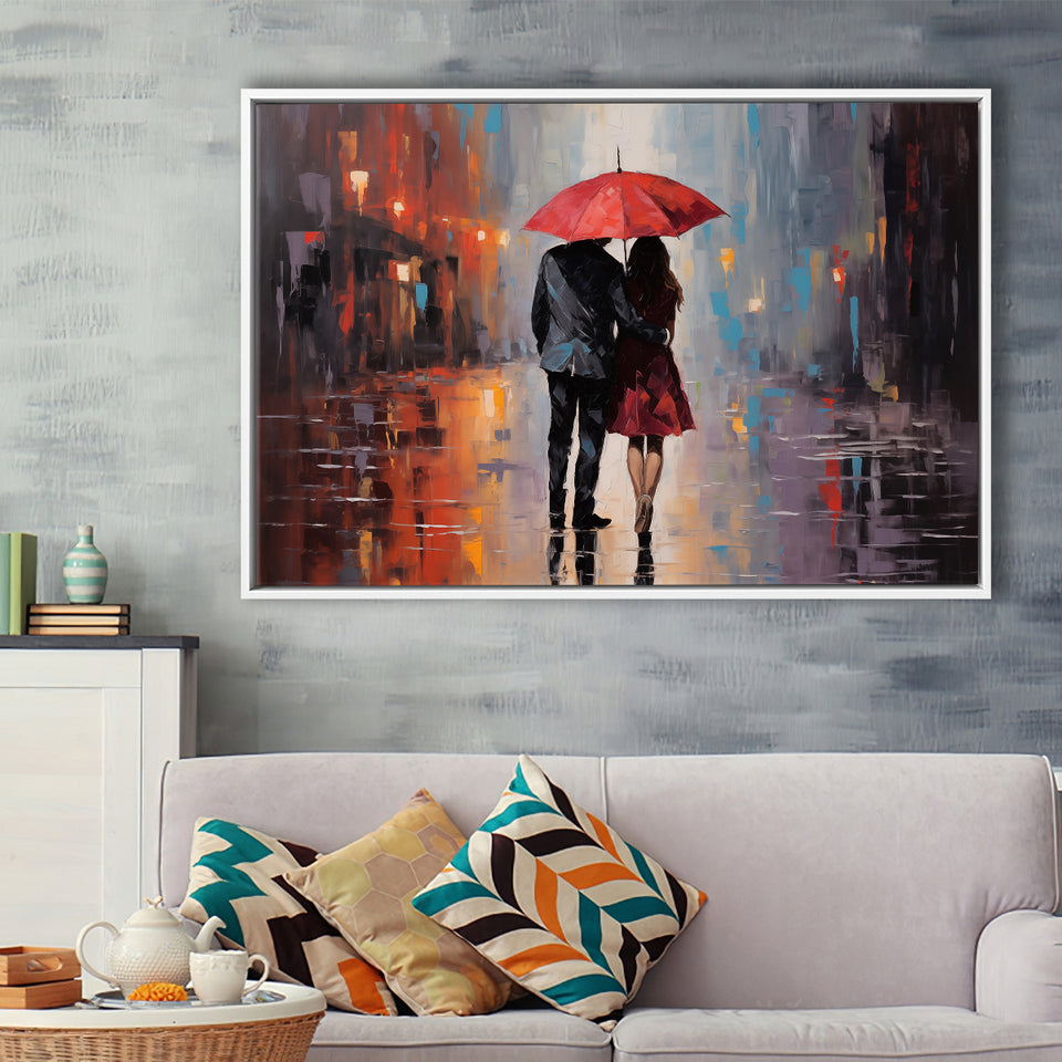 Couple In Love Under Reb Umbrella In New York City, Framed Canvas Painting, Framed Canvas Prints Wall Art Decor