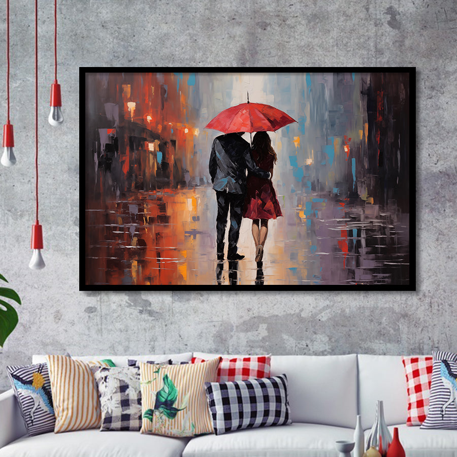 Couple In Love Under Reb Umbrella In New York City, Framed Art Print Wall Decor, Framed Picture
