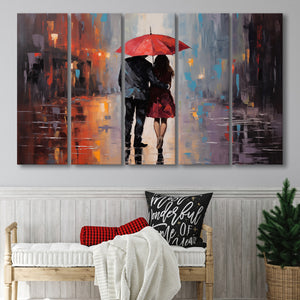 Couple In Love Under Reb Umbrella In New York City, 5 Panels Extra Large Canvas, Canvas Prints Wall Art Decor