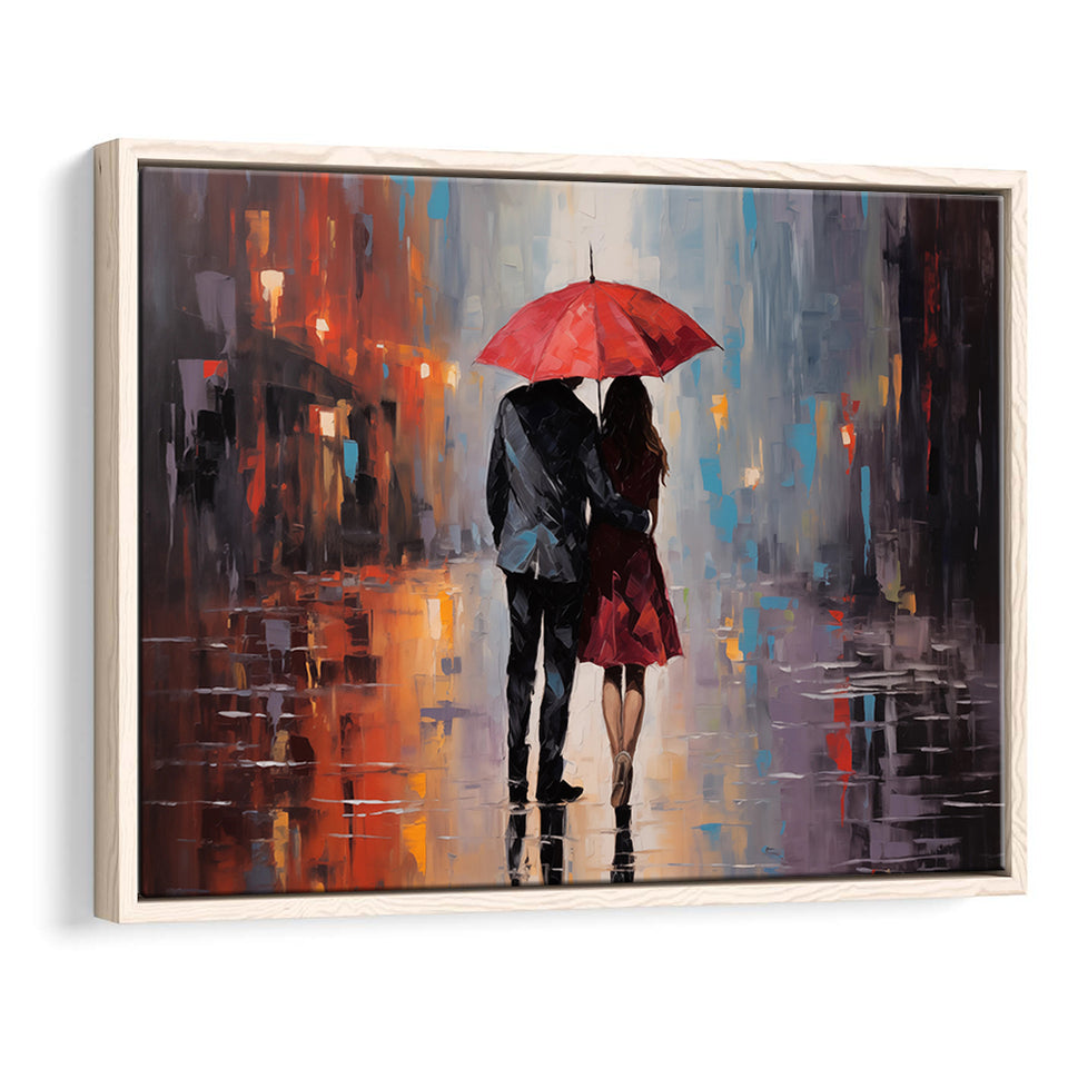Couple In Love Under Reb Umbrella In New York City, Framed Canvas Painting, Framed Canvas Prints Wall Art Decor