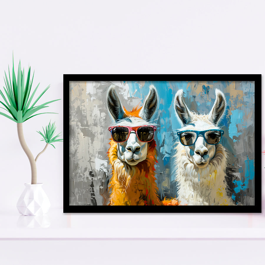 Couple Llama Wearing Sunglasses  Portrait, Framed Art Print Wall Decor, Picture Framed Painting Art