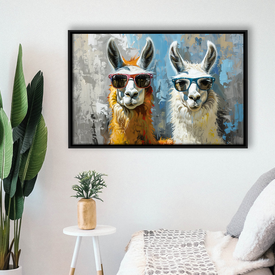 Couple Llama Wearing Sunglasses  Portrait, Framed Canvas Print Wall Art Decor, Floating Frame Painting Canvas