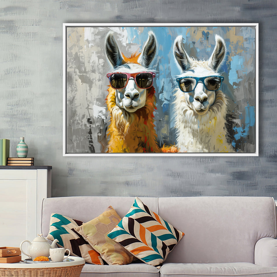 Couple Llama Wearing Sunglasses  Portrait, Framed Canvas Print Wall Art Decor, Floating Frame Painting Canvas