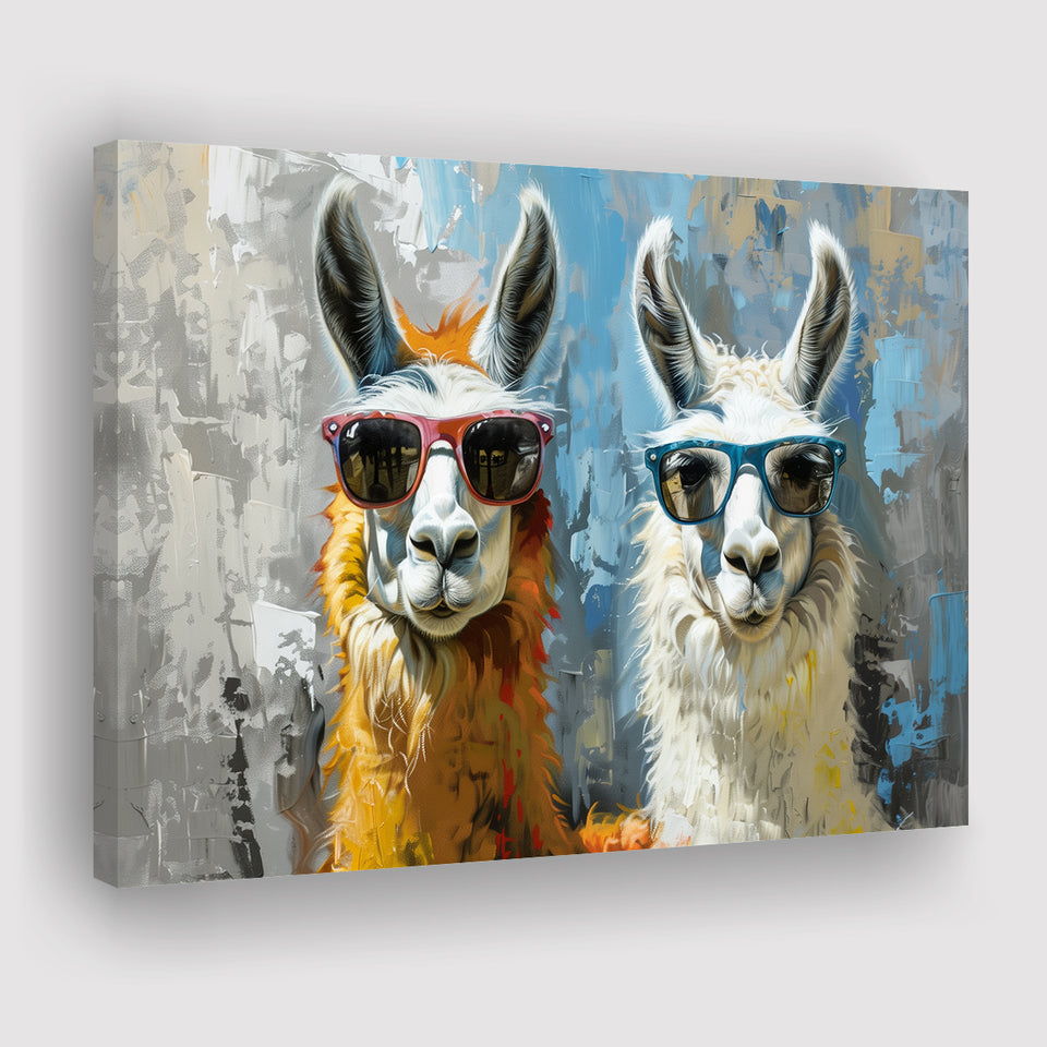 Couple Llama Wearing Sunglasses  Portrait, Canvas Print Wall Art Home Decor, Painting Canvas Art Print