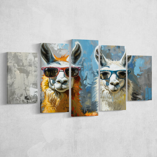 Couple Llama Wearing Sunglasses  Portrait, Mixed 5 Panel Canvas Print Wall Art Home Decor, Large Canvas Painting