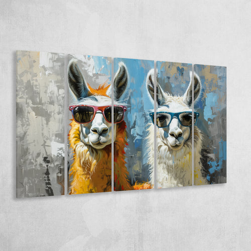 Couple Llama Wearing Sunglasses  Portrait, Mixed 5 Panel B Canvas Print Wall Art Decor, Extra Large Painting Canvas
