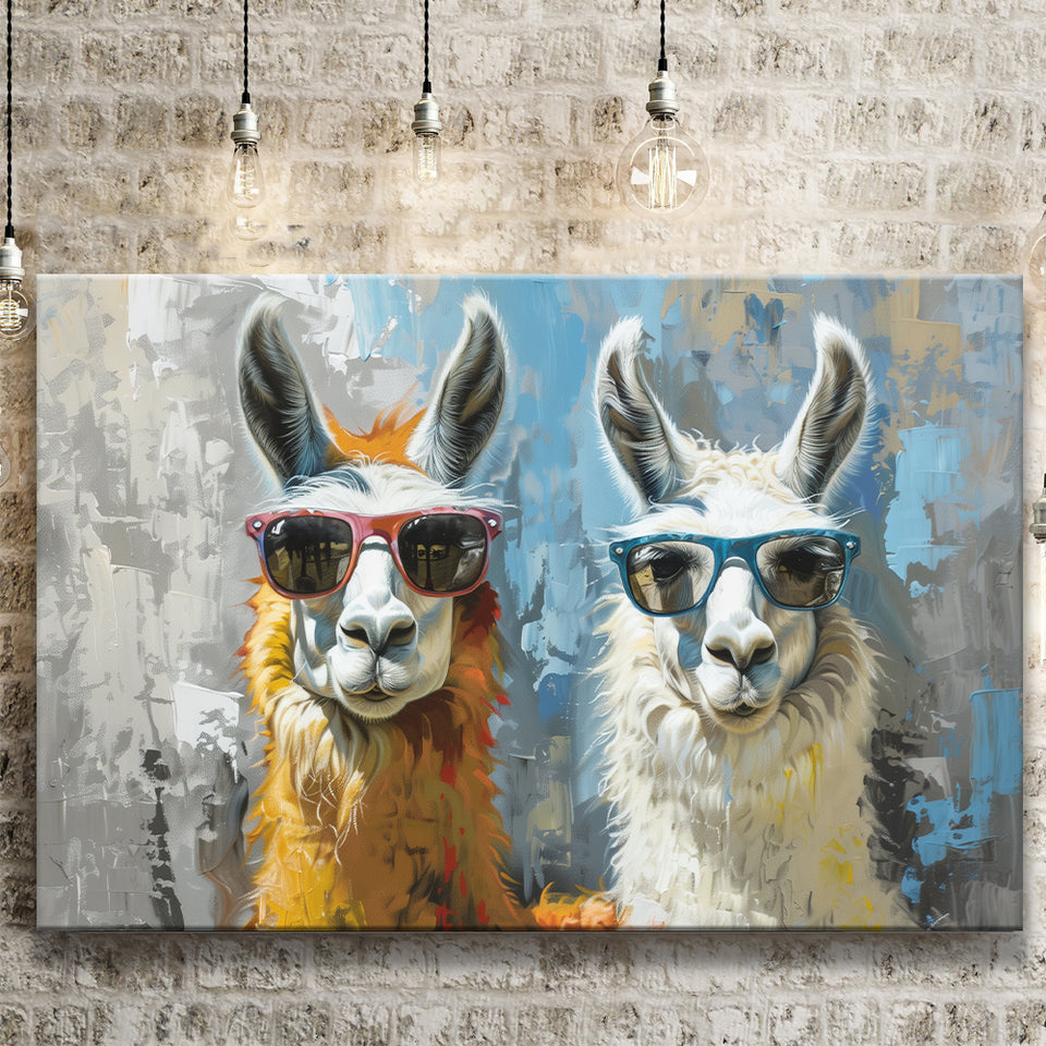 Couple Llama Wearing Sunglasses  Portrait, Canvas Print Wall Art Home Decor, Painting Canvas Art Print