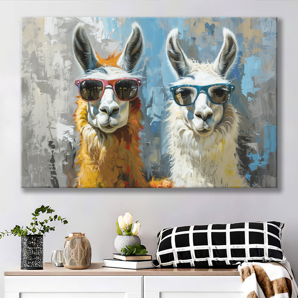 Couple Llama Wearing Sunglasses  Portrait, Canvas Print Wall Art Home Decor, Painting Canvas Art Print