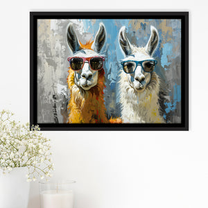 Couple Llama Wearing Sunglasses  Portrait, Framed Canvas Print Wall Art Decor, Floating Frame Painting Canvas