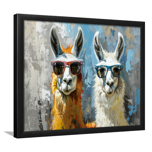 Couple Llama Wearing Sunglasses  Portrait, Framed Art Print Wall Decor, Picture Framed Painting Art