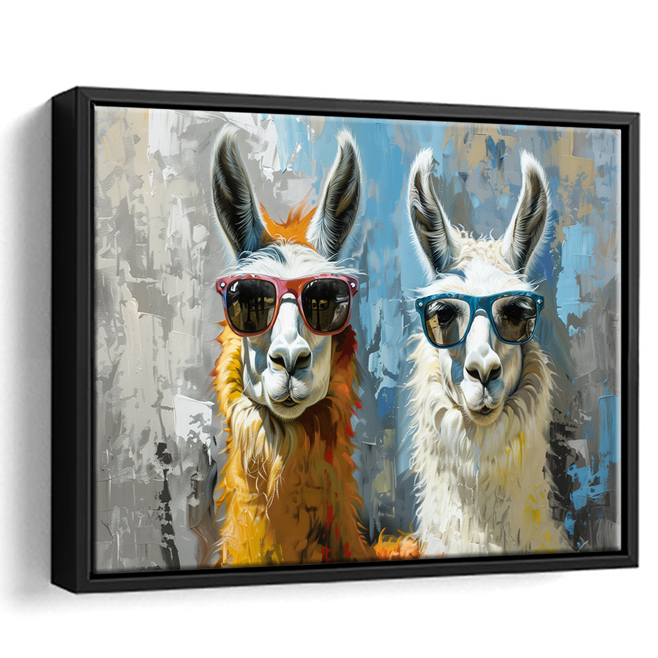 Couple Llama Wearing Sunglasses  Portrait, Framed Canvas Print Wall Art Decor, Floating Frame Painting Canvas