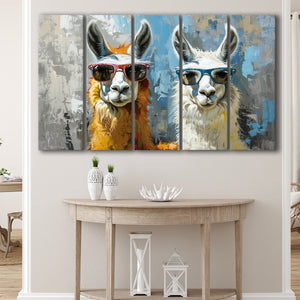 Couple Llama Wearing Sunglasses  Portrait, Mixed 5 Panel B Canvas Print Wall Art Decor, Extra Large Painting Canvas