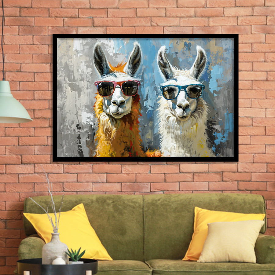 Couple Llama Wearing Sunglasses  Portrait, Framed Art Print Wall Decor, Picture Framed Painting Art