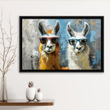 Couple Llama Wearing Sunglasses  Portrait, Framed Canvas Print Wall Art Decor, Floating Frame Painting Canvas