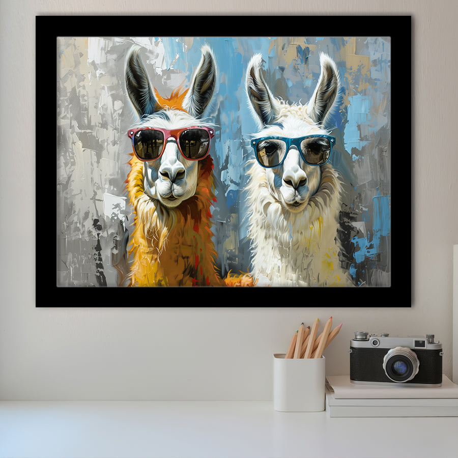 Couple Llama Wearing Sunglasses  Portrait, Framed Art Print Wall Decor, Picture Framed Painting Art