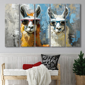 Couple Llama Wearing Sunglasses  Portrait, Mixed 5 Panel B Canvas Print Wall Art Decor, Extra Large Painting Canvas