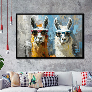 Couple Llama Wearing Sunglasses  Portrait, Framed Art Print Wall Decor, Picture Framed Painting Art