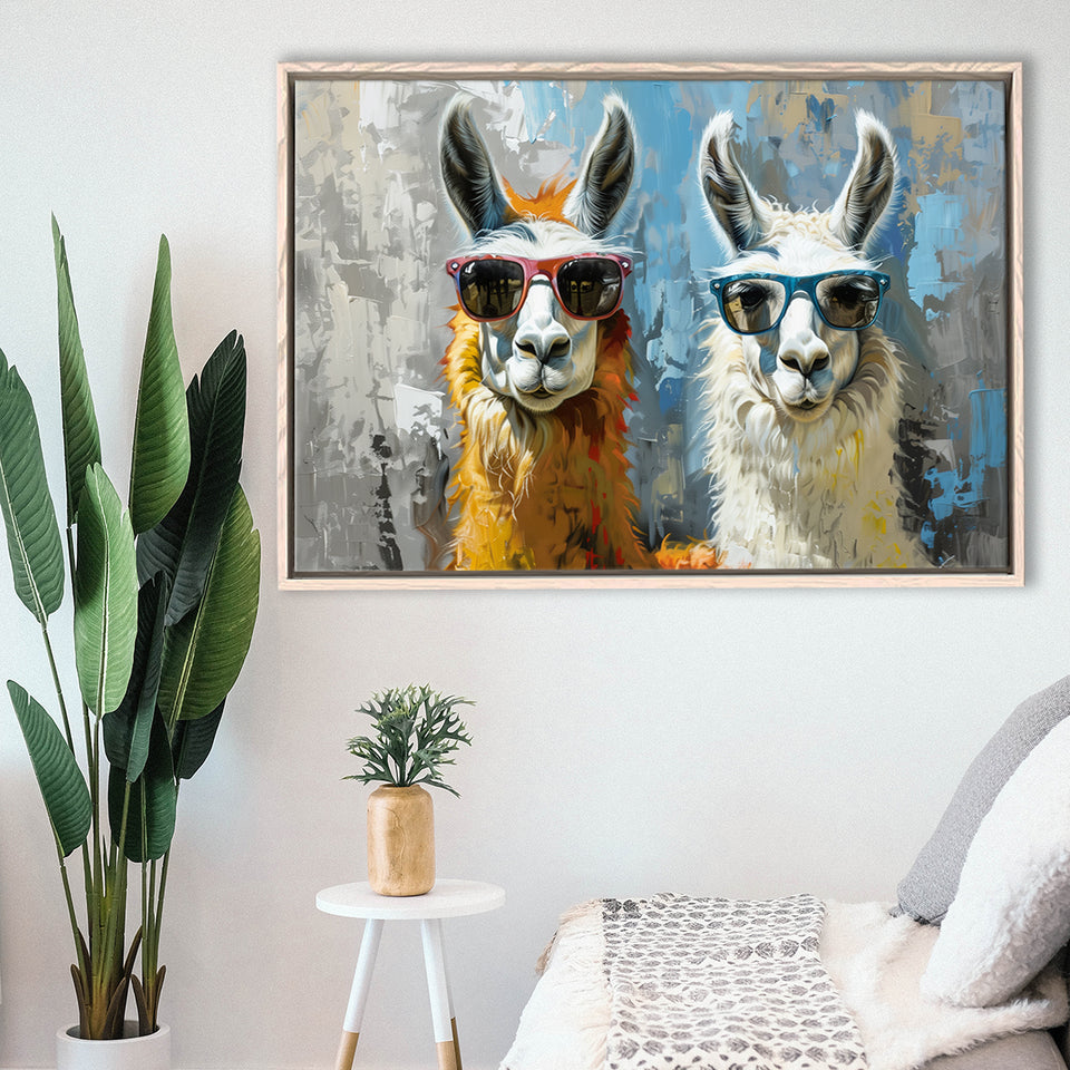 Couple Llama Wearing Sunglasses  Portrait, Framed Canvas Print Wall Art Decor, Floating Frame Painting Canvas