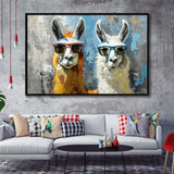 Couple Llama Wearing Sunglasses  Portrait, Framed Canvas Print Wall Art Decor, Floating Frame Painting Canvas