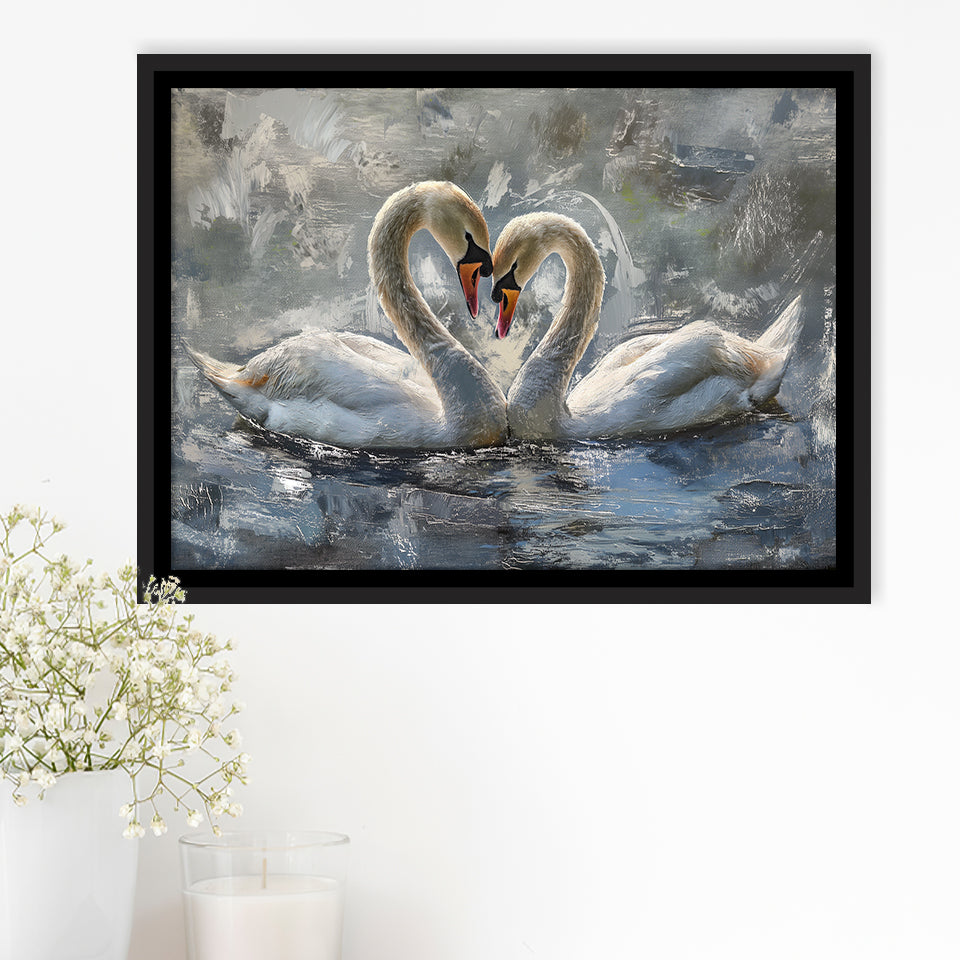 Couple Love Swans Oil Painting Love Art, Framed Canvas Print Wall Art Decor, Floating Frame Painting Canvas