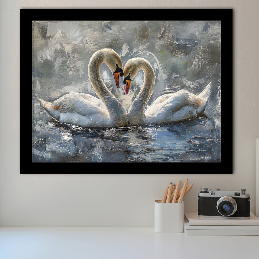 Couple Love Swans Oil Painting Love Art, Framed Art Print Wall Decor, Picture Framed Painting Art