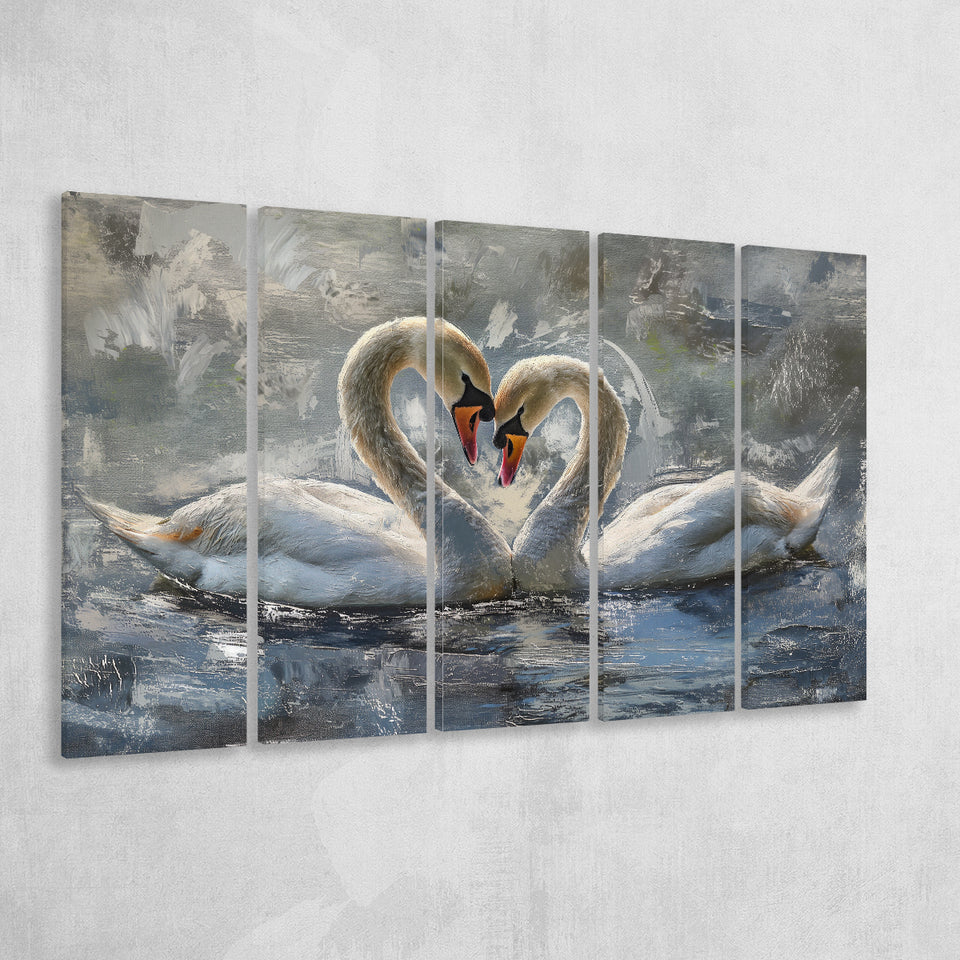 Couple Love Swans Oil Painting Love Art, Mixed 5 Panel B Canvas Print Wall Art Decor, Extra Large Painting Canvas