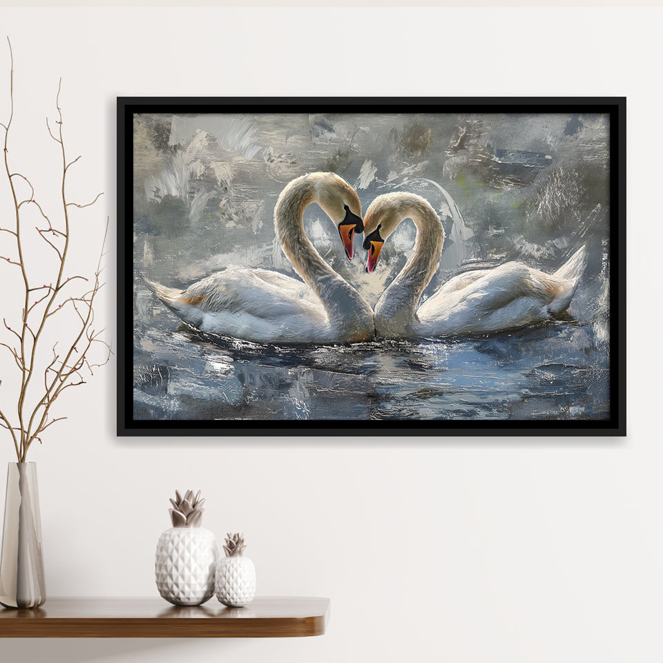 Couple Love Swans Oil Painting Love Art, Framed Canvas Print Wall Art Decor, Floating Frame Painting Canvas