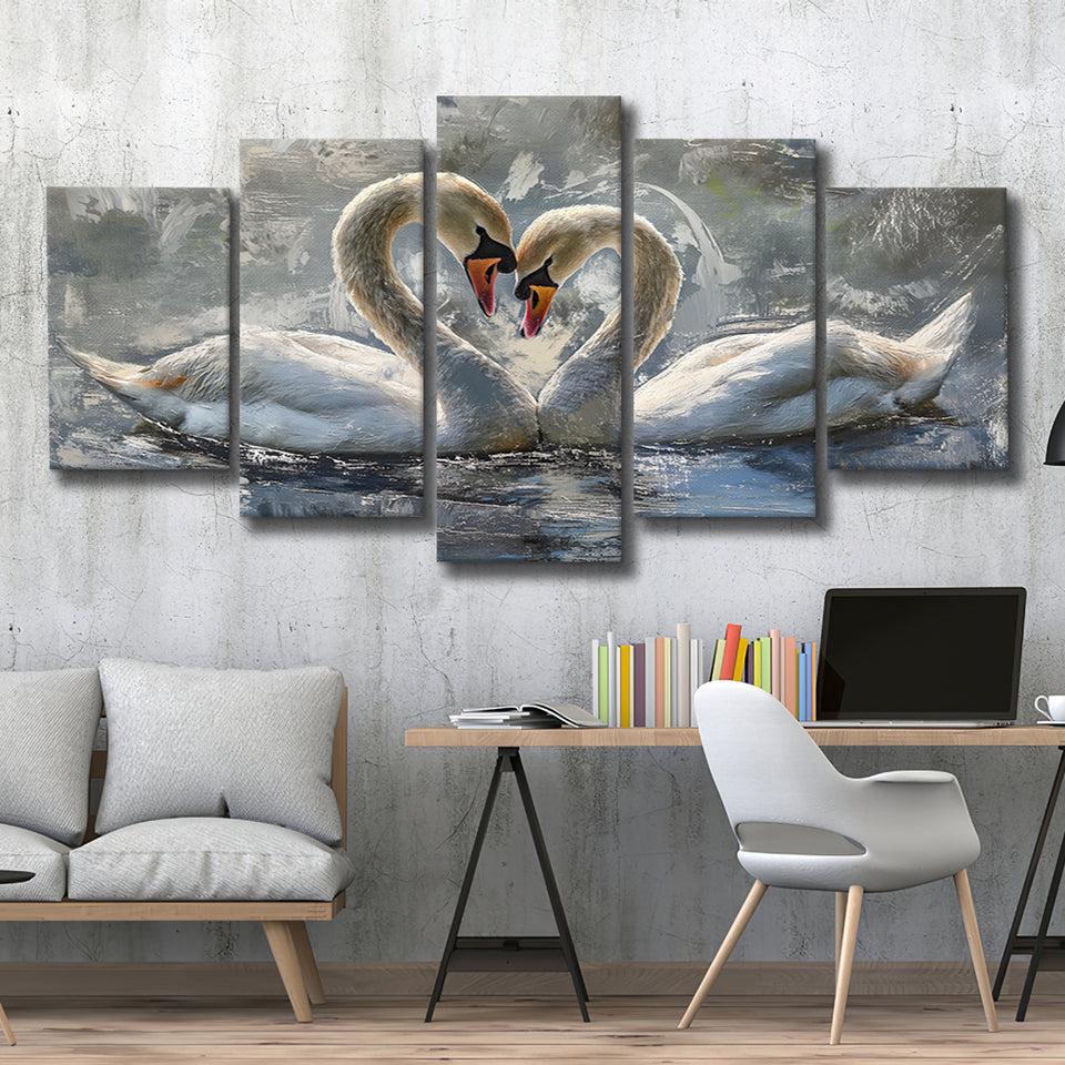 Couple Love Swans Oil Painting Love Art, Mixed 5 Panel Canvas Print Wall Art Home Decor, Large Canvas Painting