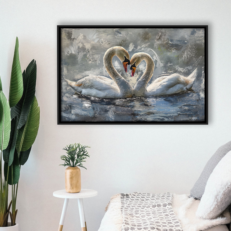 Couple Love Swans Oil Painting Love Art, Framed Canvas Print Wall Art Decor, Floating Frame Painting Canvas