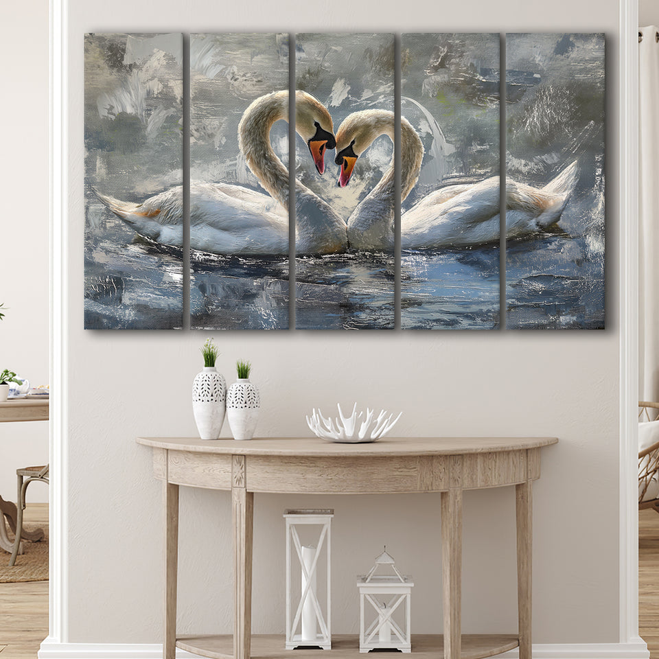 Couple Love Swans Oil Painting Love Art, Mixed 5 Panel B Canvas Print Wall Art Decor, Extra Large Painting Canvas
