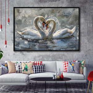 Couple Love Swans Oil Painting Love Art, Framed Canvas Print Wall Art Decor, Floating Frame Painting Canvas