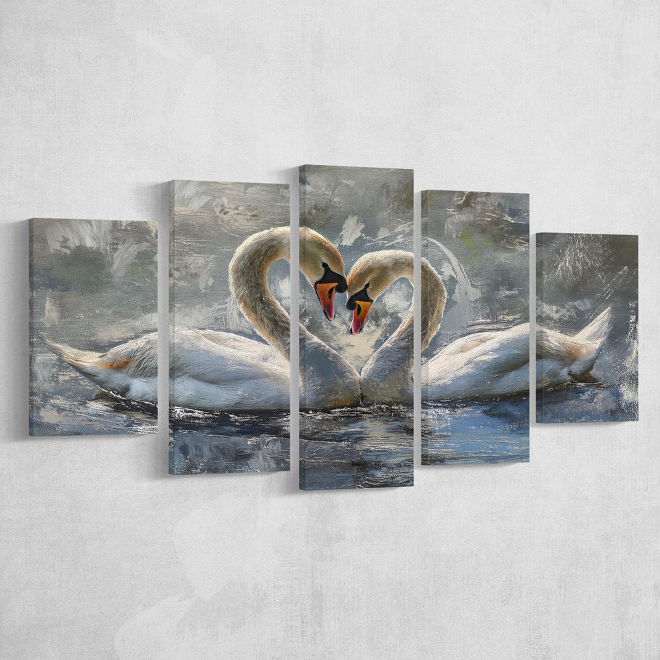 Couple Love Swans Oil Painting Love Art, Mixed 5 Panel Canvas Print Wall Art Home Decor, Large Canvas Painting