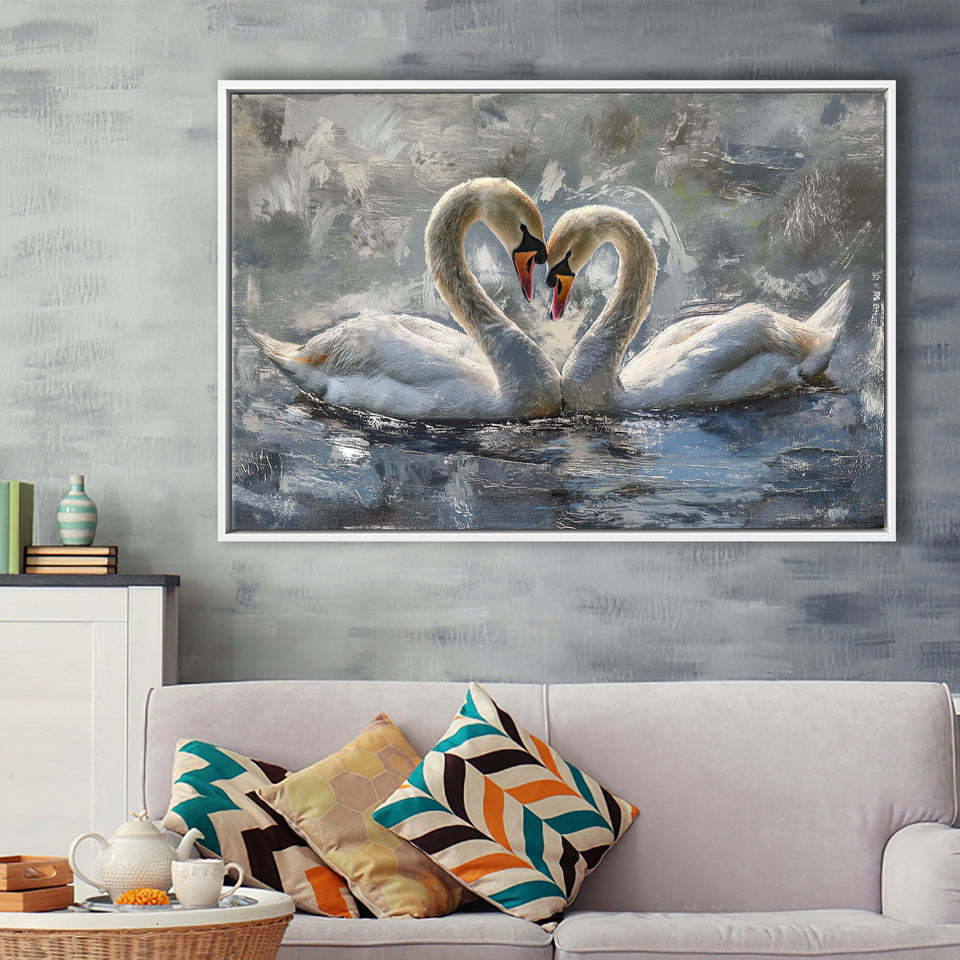 Couple Love Swans Oil Painting Love Art, Framed Canvas Print Wall Art Decor, Floating Frame Painting Canvas