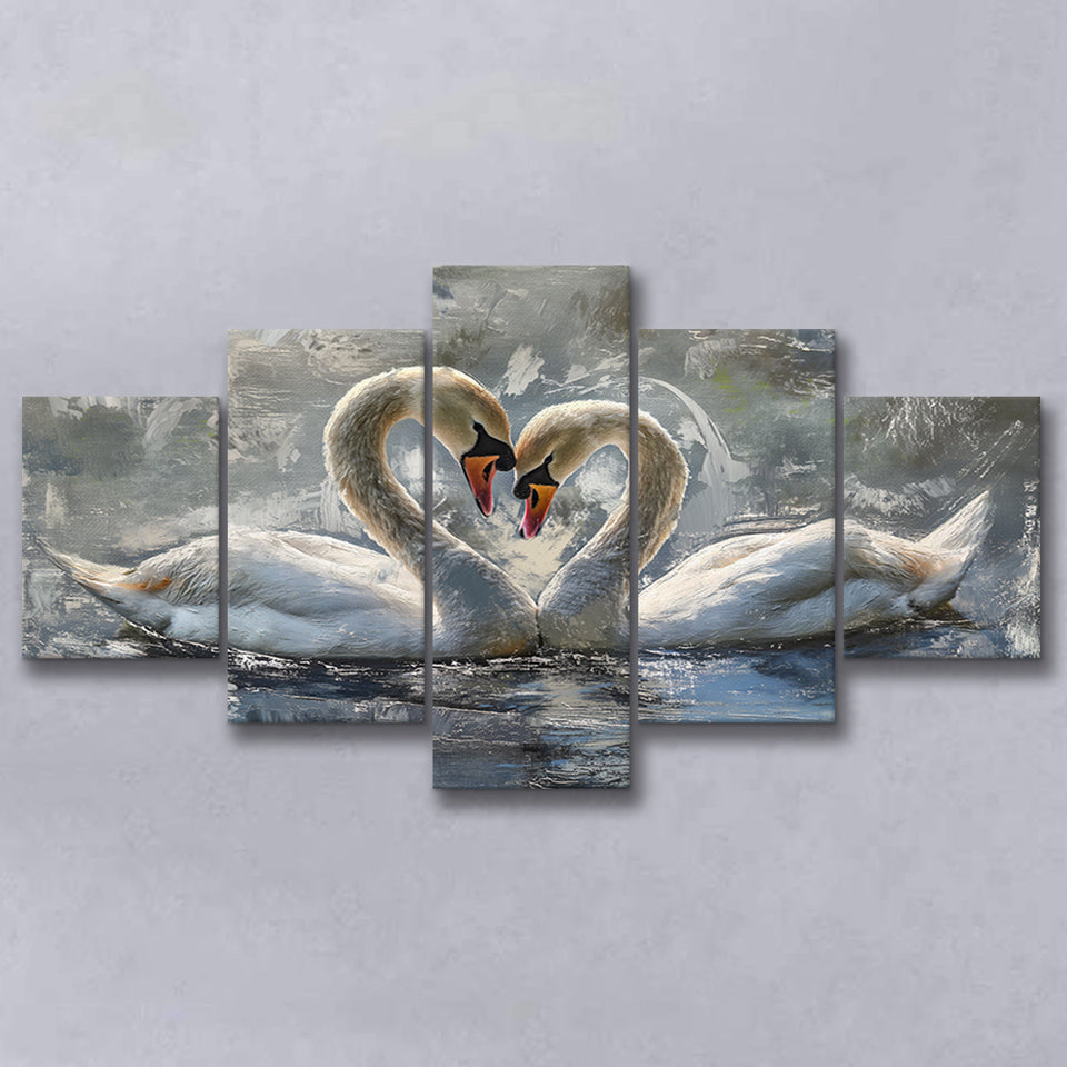 Couple Love Swans Oil Painting Love Art, Mixed 5 Panel Canvas Print Wall Art Home Decor, Large Canvas Painting
